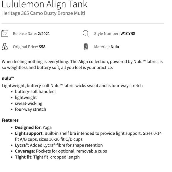 Lululemon Align Tank Cropped 6 Brown Camo Dusty Bronze Shelf Sports Bra A/B Cup - Picture 10 of 10